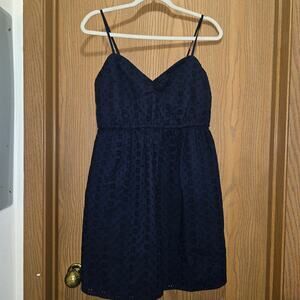 J. Crew Navy Blue Cotton Eyelet Cami Mini Dress Women’s Size M Smocked Back